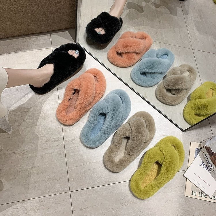 Damen Flauschige Hausschlappen mit gewendeten Riemen und ergonomischem Fußbett EB