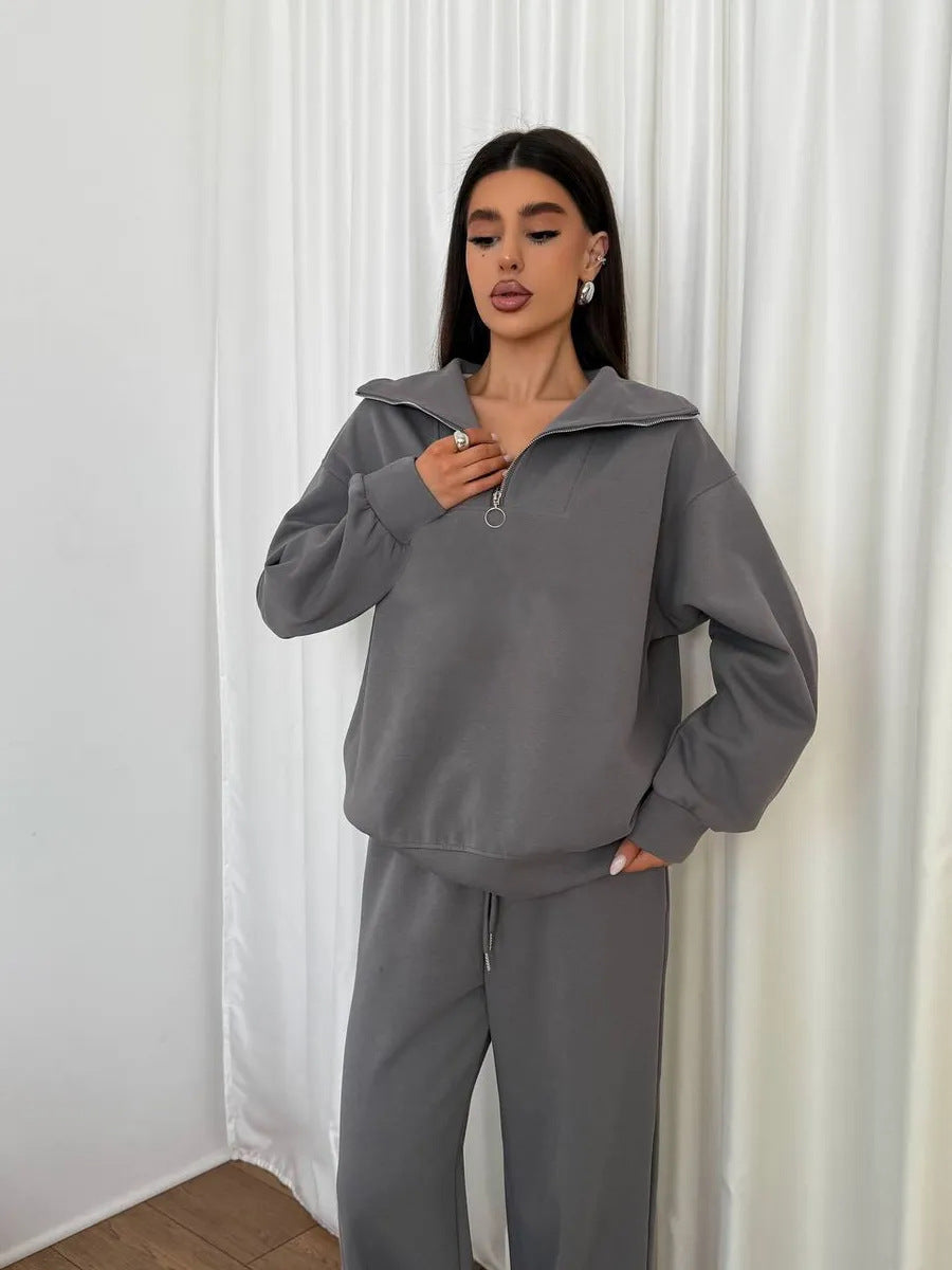Damen lässiges Sweatset mit halbhohem Reißverschluss Kragen und weitem Jogger EB