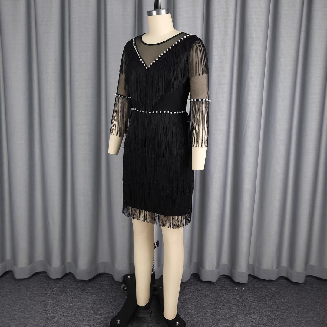Damen Fransenkleid mit transparenten Ärmeln und Perlenakzenten EB