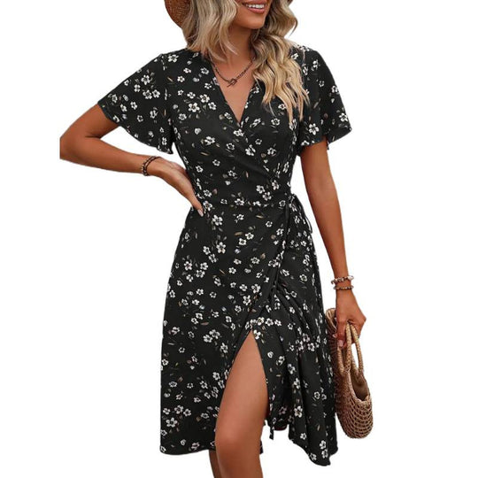 Damen Wickelkleid mit floralem Muster und seitlichem Schlitz EB
