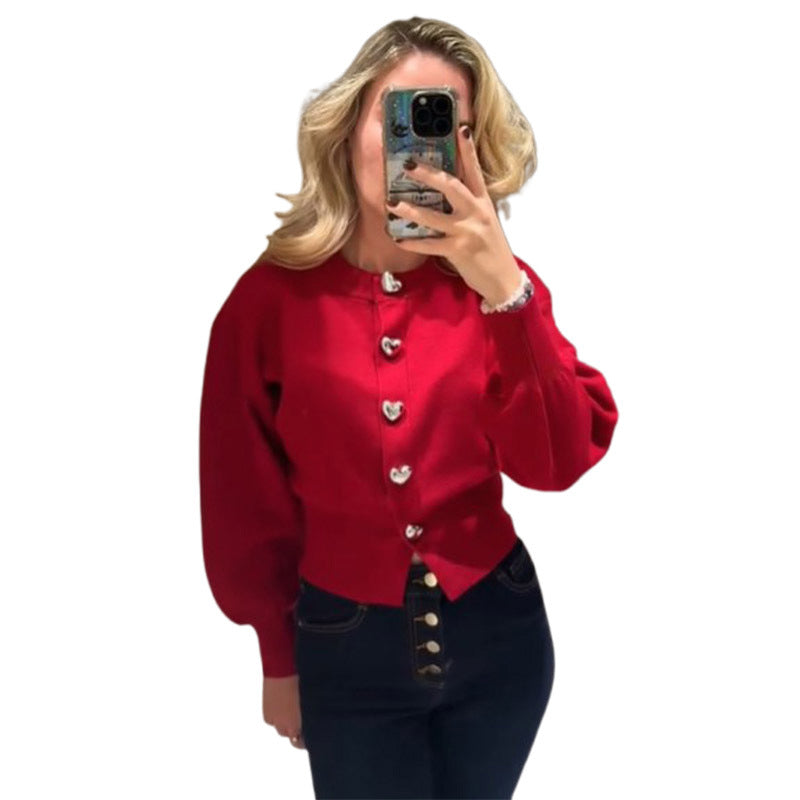 Damen Pullover mit Herzknöpfen und Puffärmeln EB