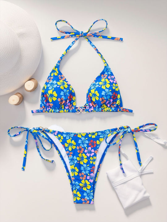 Damen Triangel-Bikini mit raffinierten Bindebändern und farbenfrohem Blumenmuster EB