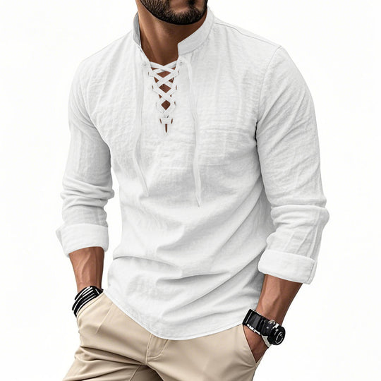 Herren nan Leinenoptik Langarmshirt mit Schnürung V-Ausschnitt und Stehkragen EB