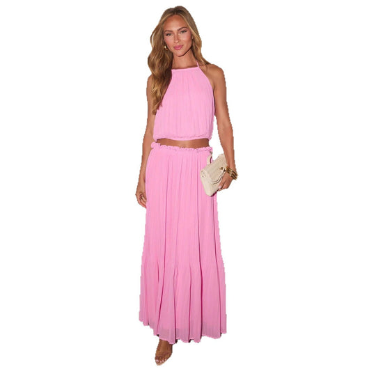 Damen Plissiertes Zweiteiliges Set mit Crop-Top und elegantem Maxiröck EB