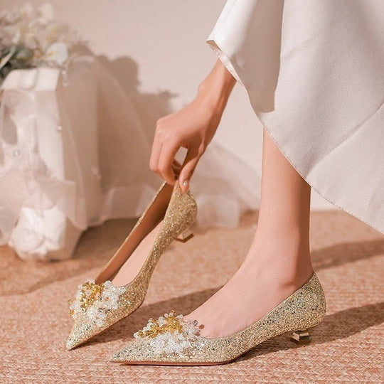 Damen Elegante Ballerinas mit funkelndem Schmuckdetail und stabilem Blockabsatz EB