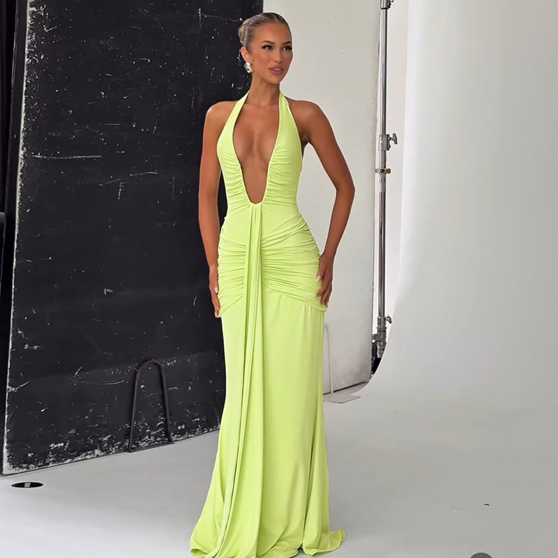 Damen Elegantes Maxi-Kleid mit tiefem V-Ausschnitt und Rüschendetails EB