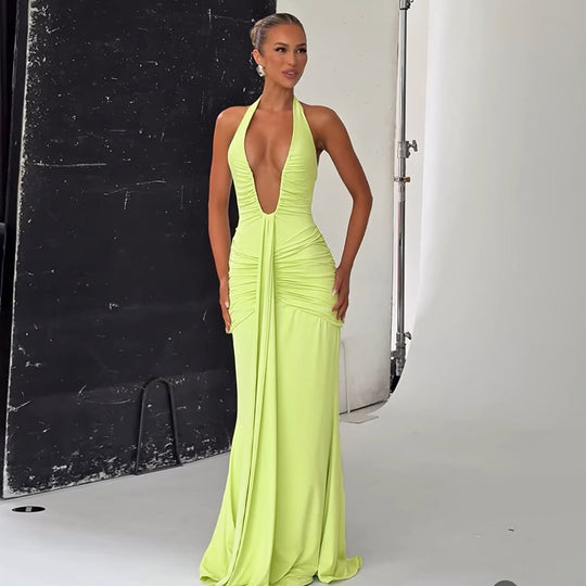 Damen Elegantes Maxi-Kleid mit tiefem V-Ausschnitt und Rüschendetails EB