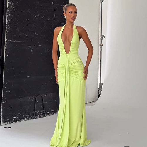 Damen Elegantes Maxi-Kleid mit tiefem V-Ausschnitt und Rüschendetails EB