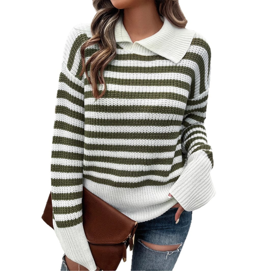 Damen nan gestreifter Polokragen-Strickpullover mit weitem Saum und ausgestellten Bündchen EB