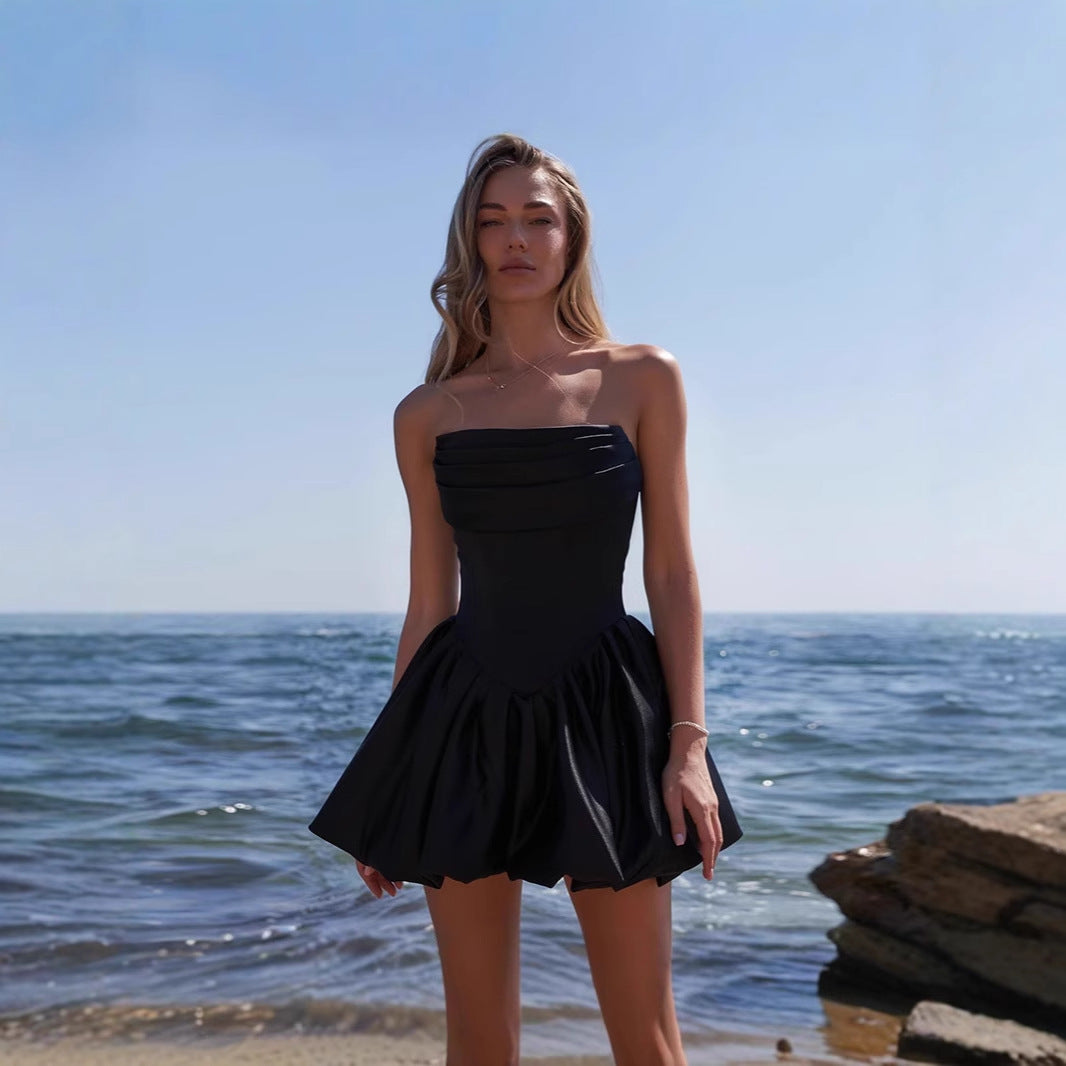 Damen Rüschensminikleid mit schulterfreiem Design und voluminösem Rock EB