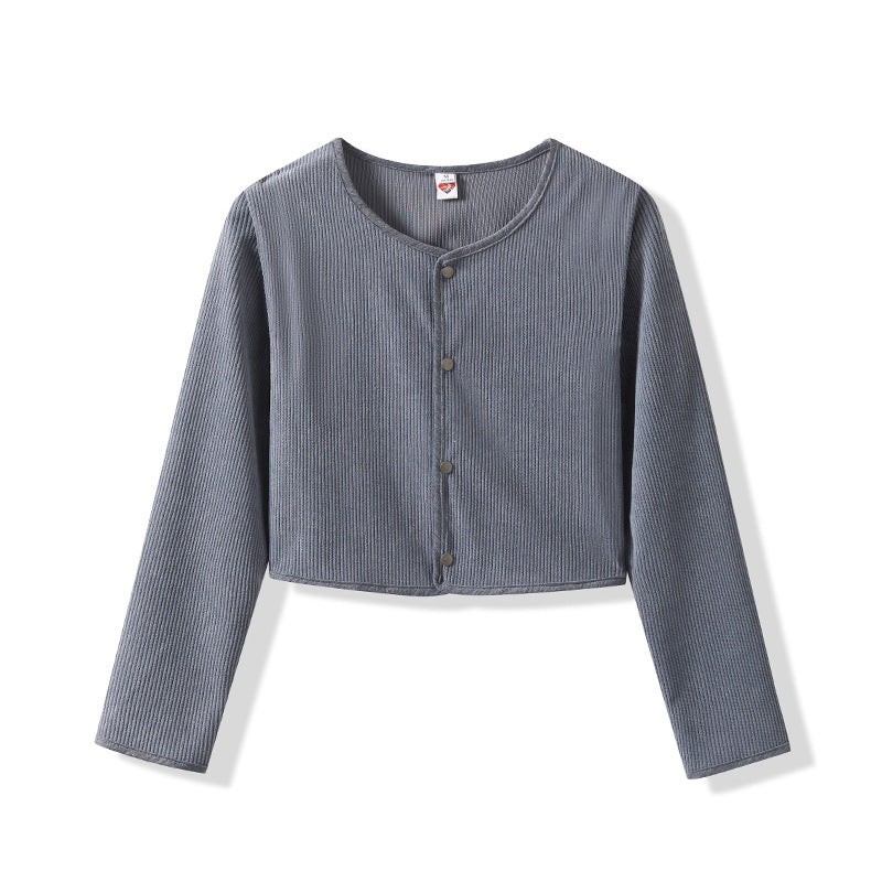 Damen Cropped Rundhals-Cardigan mit Druckknöpfen aus geripptem Strick EB