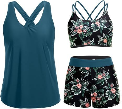 Damen Sportliches Tankini-Set mit floralem Oberteil und Shorts EB