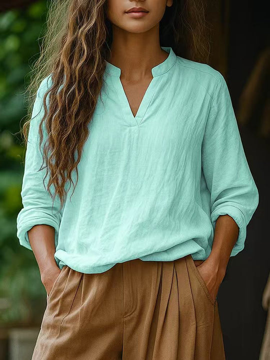 Damen Casual Tunika-Bluse in Leinenoptik mit kleinem Stehkragen und V‑Schlitz EB