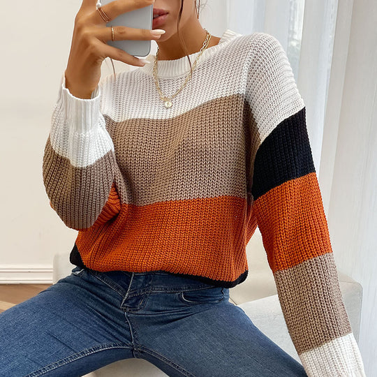 Damen gemütlicher Pullover mit modernem Blockstreifenmuster EB