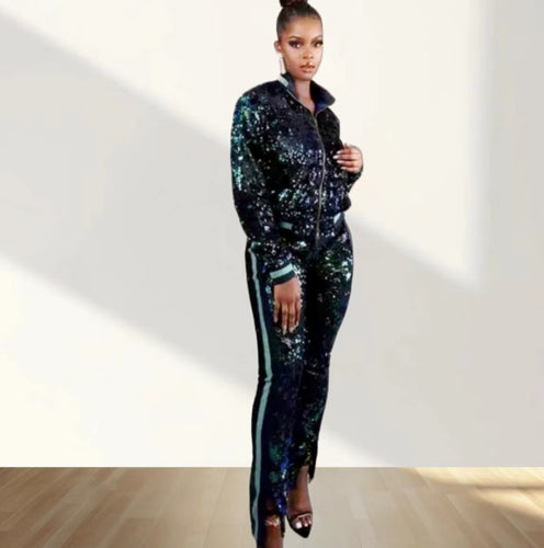 Damen Glitzerndes Sportanzug-Set mit trendigen Streifen EB