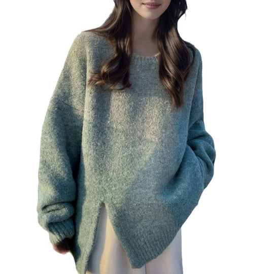 Damen Oversized Strickpullover mit elegantem V-Ausschnitt und seitlichen Schlitzen EB