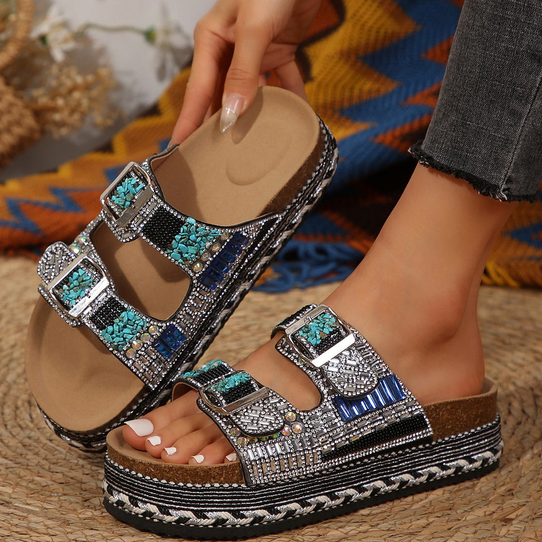 Damen Dekorative Zehentrenner-Sandalen mit breiten Riemen und funkelnden Akzenten EB