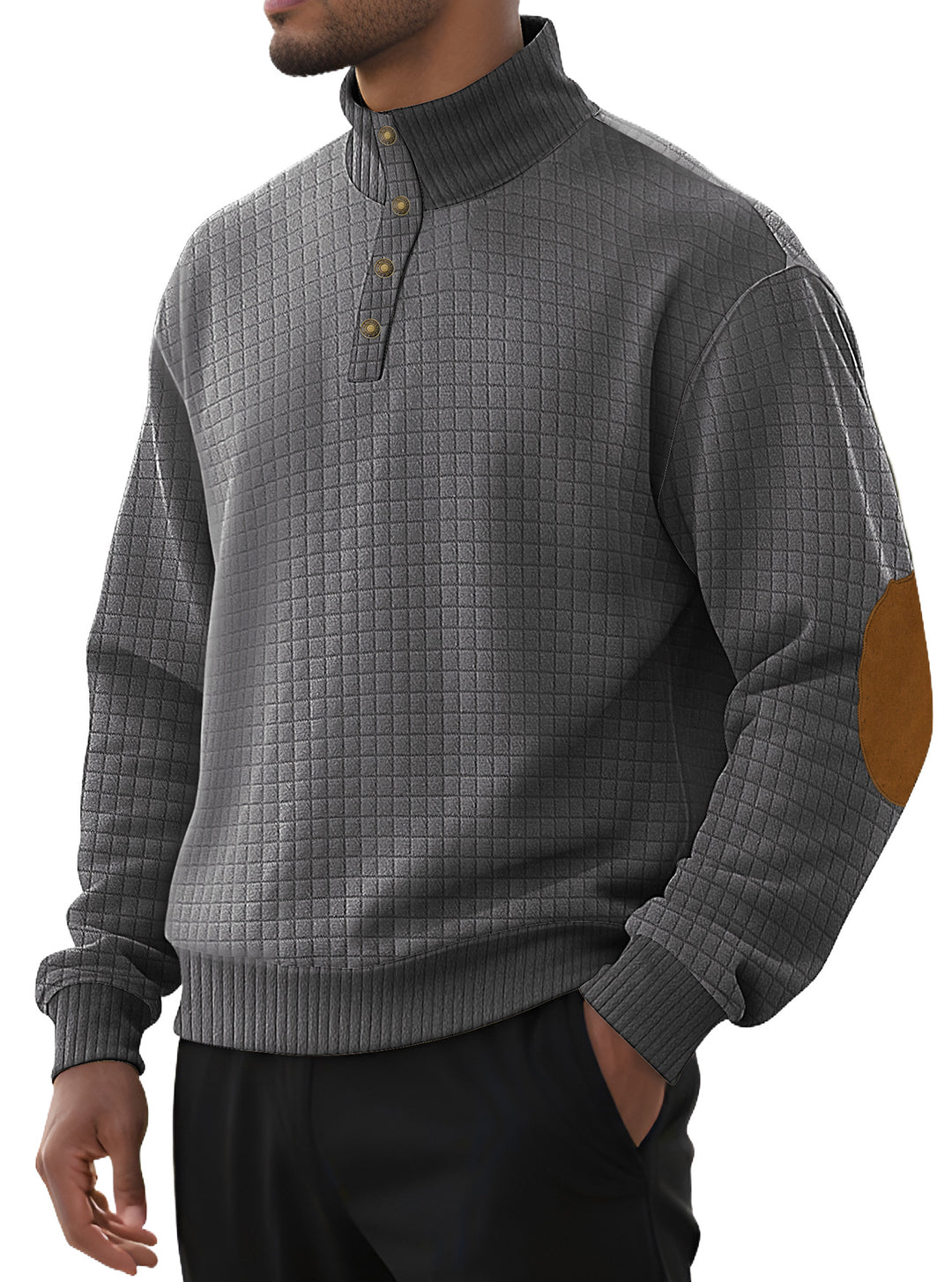 Herren nan kariertes Stepp-Sweatshirt mit Henley-Blende hohem Stehkragen und Velours-Ellenbogenpatch EB