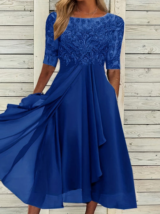 Damen nan V-Ausschnitt Chiffon-Midikleid mit besticktem Bustier, transparenten dreiviertel-Ärmeln und asymmetrischem Lagenrock EB