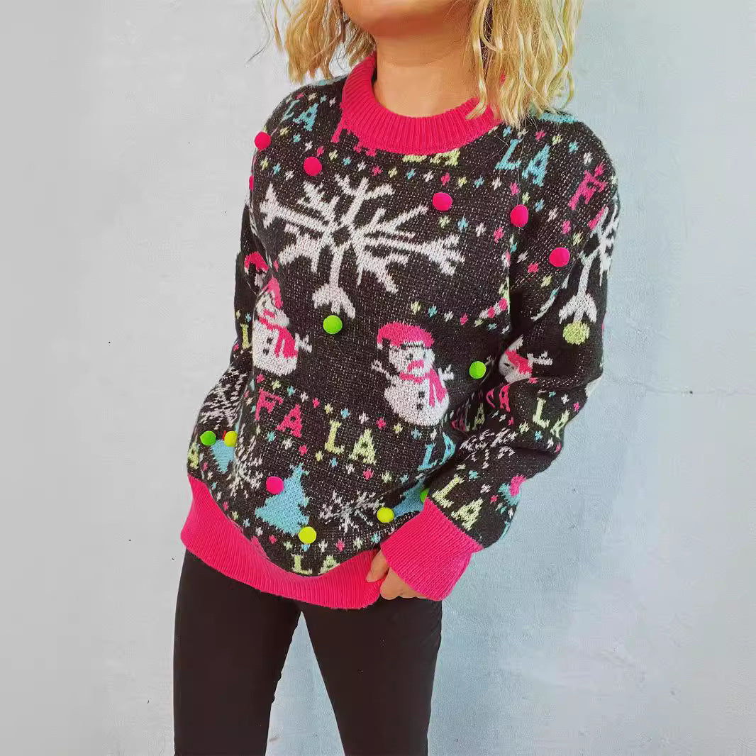 Damen festlicher Pullover mit bunten 3D-Applikationen und motivischem Design EB