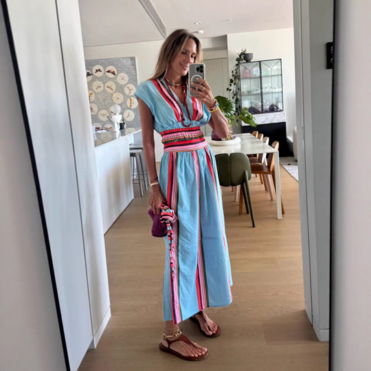 Damen Strandmaxi-Kleid mit elastischem Taillenbund und buntem Streifenmuster EB