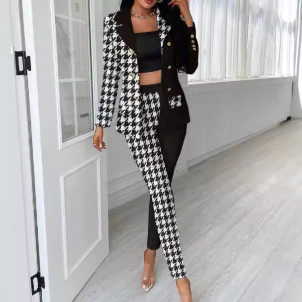 Damen Asymmetrisches Hahnentritt-Tailoring-Set mit Zweifarbiger Halb-Detailierung EB