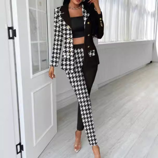 Damen Asymmetrisches Hahnentritt-Tailoring-Set mit Zweifarbiger Halb-Detailierung EB