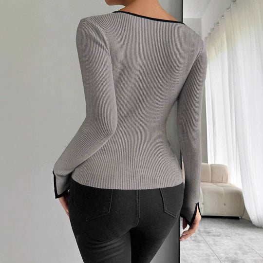 Damen modisches Strickoberteil mit tiefem V-Ausschnitt und eleganter Rippstruktur EB