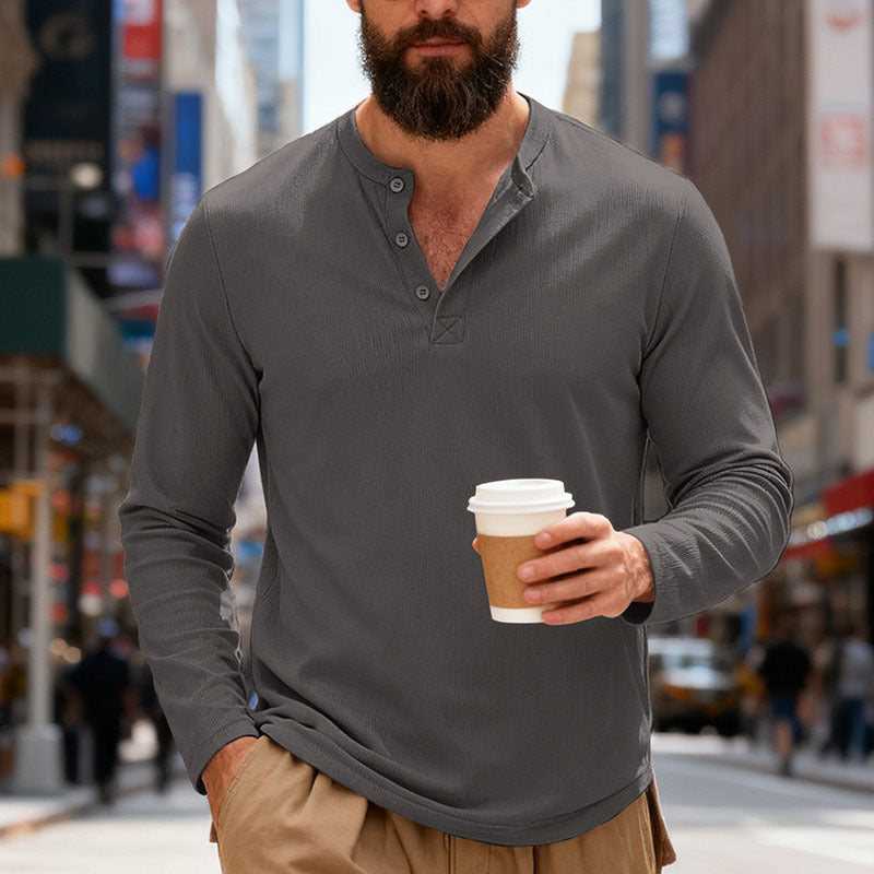 Herren nan Thermo-Henley-Langarmshirt mit Waffelstruktur, Rundhalsausschnitt und Knopfleiste EB