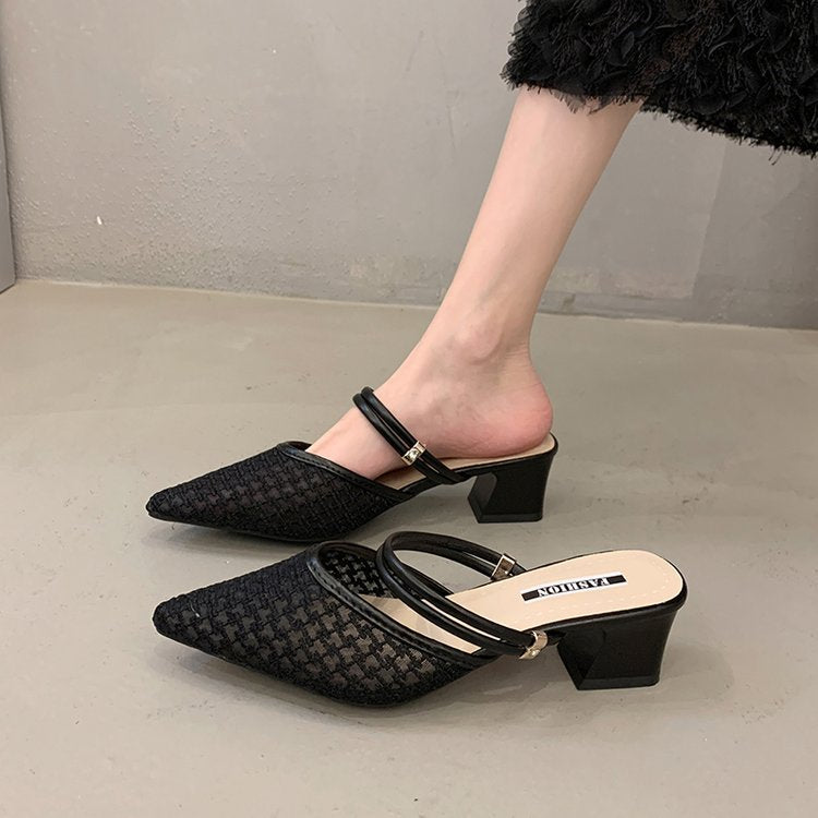 Damen elegante Sling-Pumps mit transparentem Mesh-Obermaterial und komfortablem Blockabsatz EB