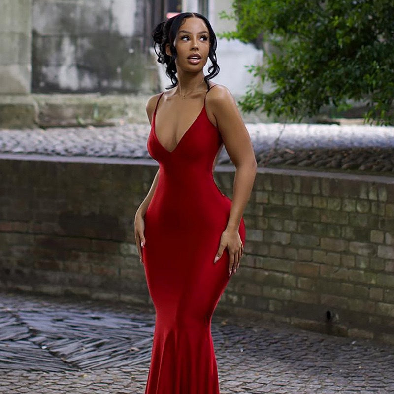 Damen Elegantes figurbetontes Abendkleid mit tiefem V-Ausschnitt und feierlichem Glanz EB