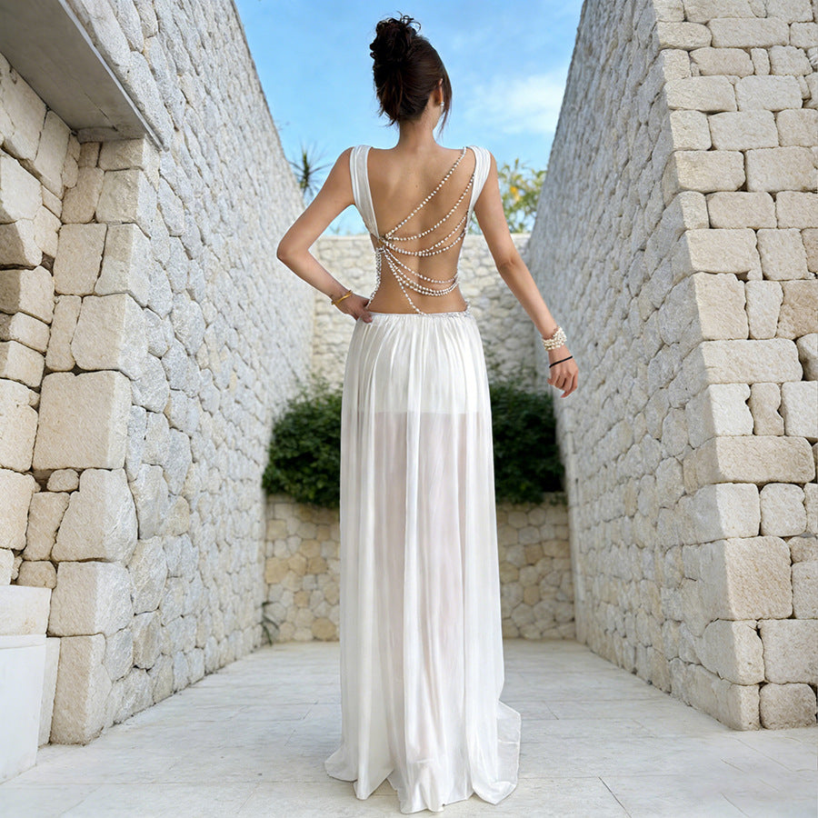 Damen Luxuriöses Chiffon-Maxikleid mit raffinierten Kettendetails und innovativem Schnitt EB