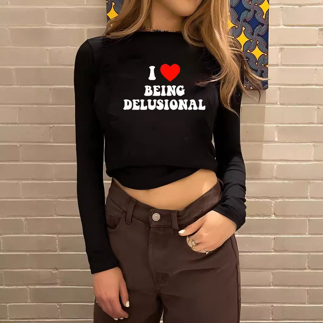 Damen nan figurbetontes Langarmshirt mit niedlichem Gänse-Print, Rundhalsausschnitt und leichtem Stretch EB