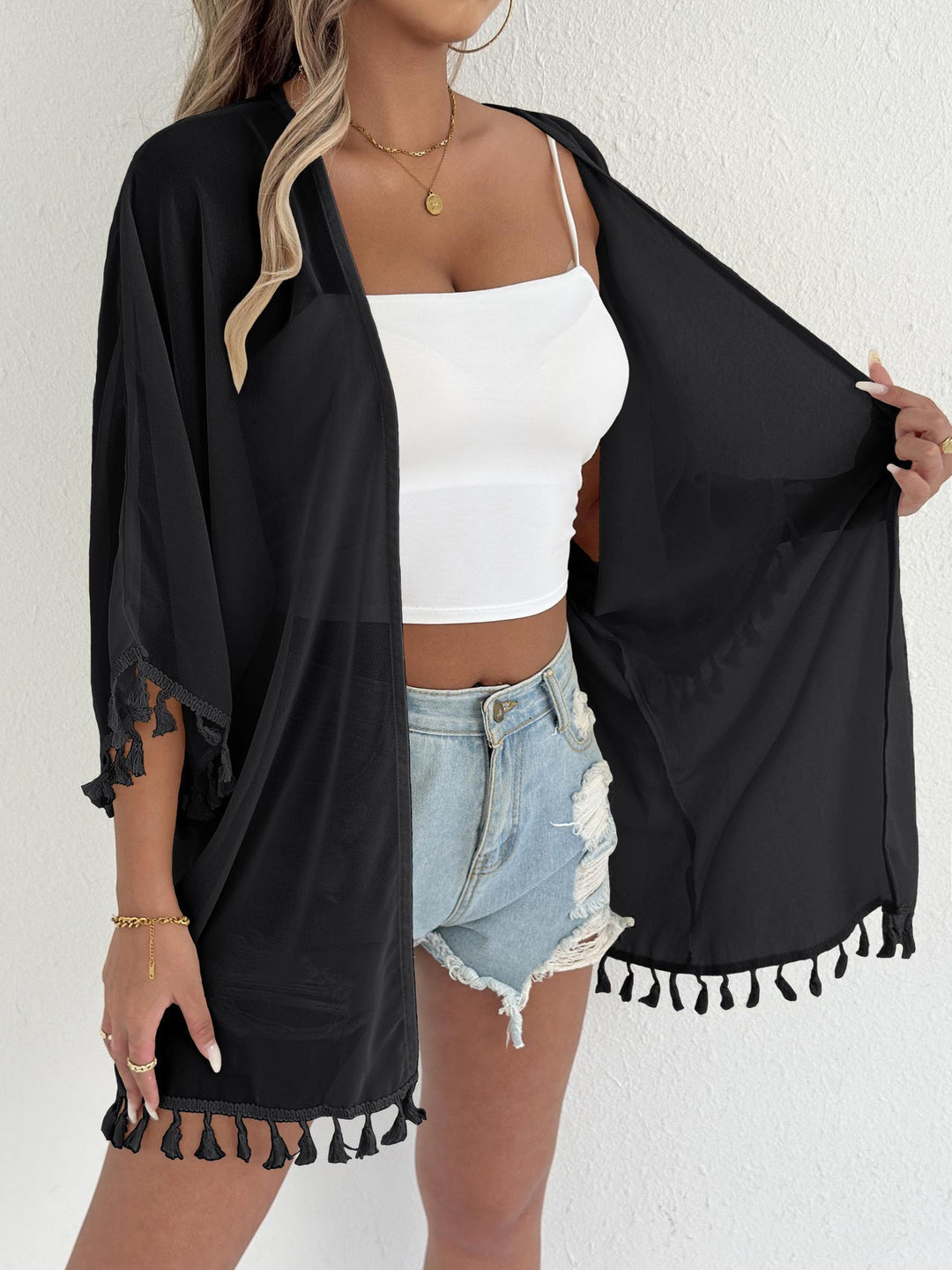 Damen eleganter Strandponcho mit Quasten EB