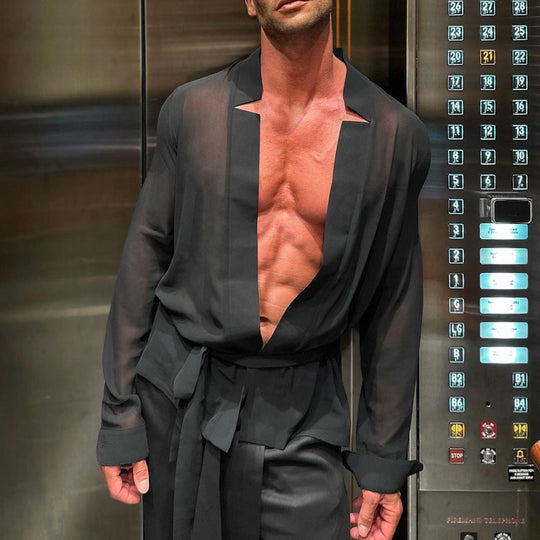 Herren transparenter Kimono mit tiefem V-Ausschnitt und Bindegürtel EB