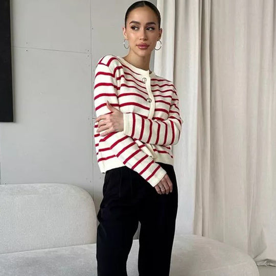 Damen gestreifter Cardigan mit Knopfdetails und vielseitiger Passform EB