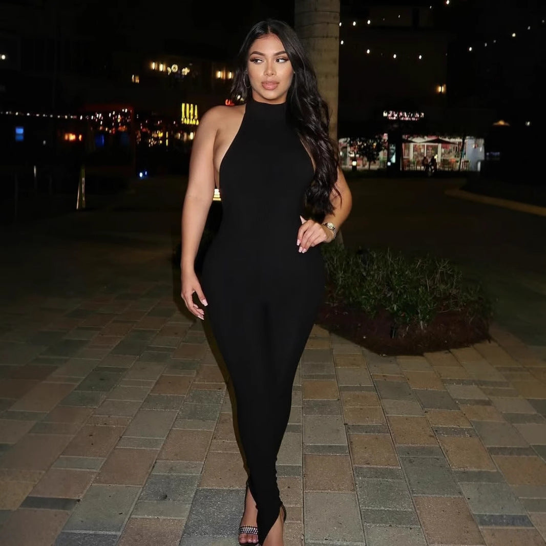 Damen figurbetonter Jumpsuit mit hohem Kragen und Rippstruktur EB