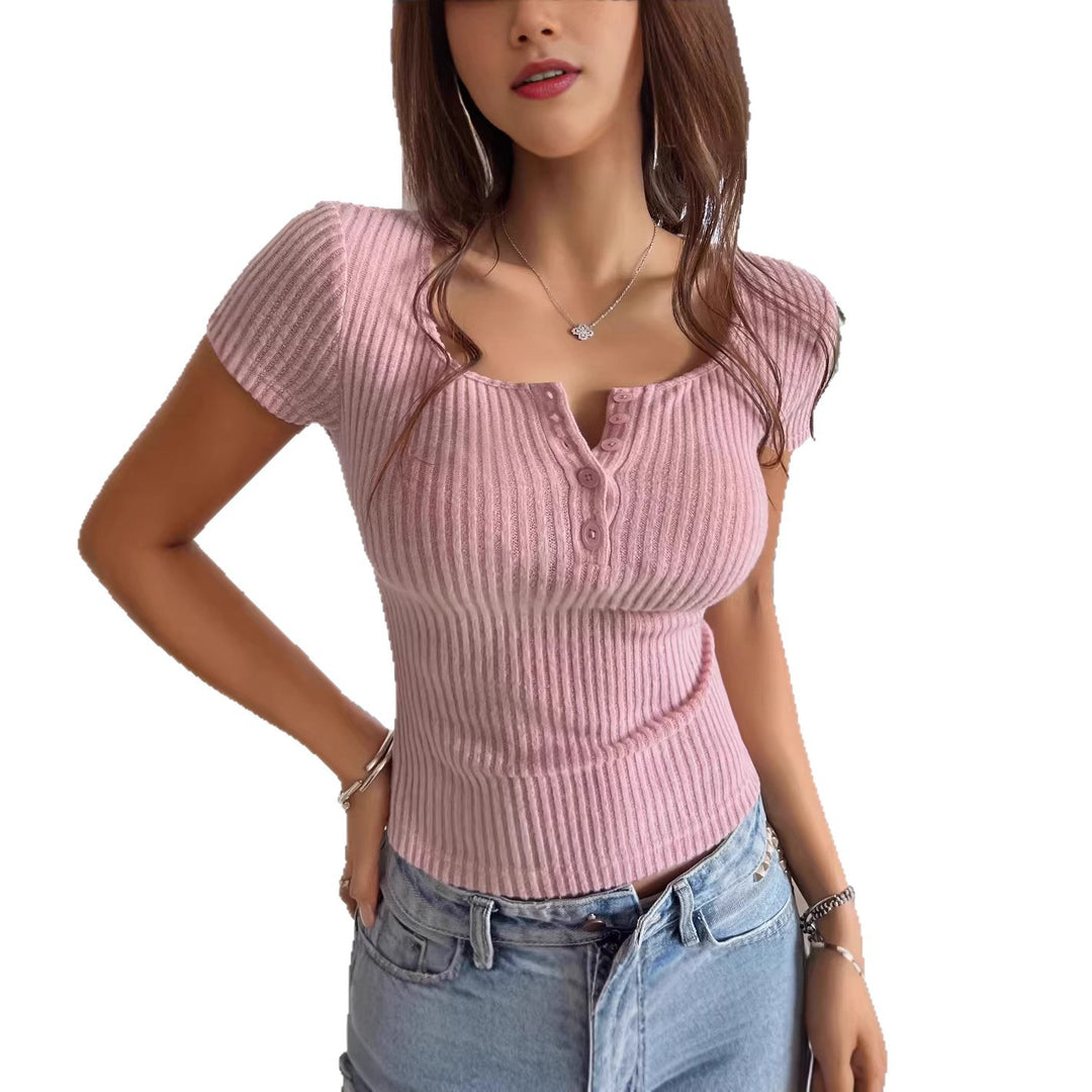 Damen figurbetontes Kurzarm-Shirt mit Knopfleiste und Rippstruktur EB