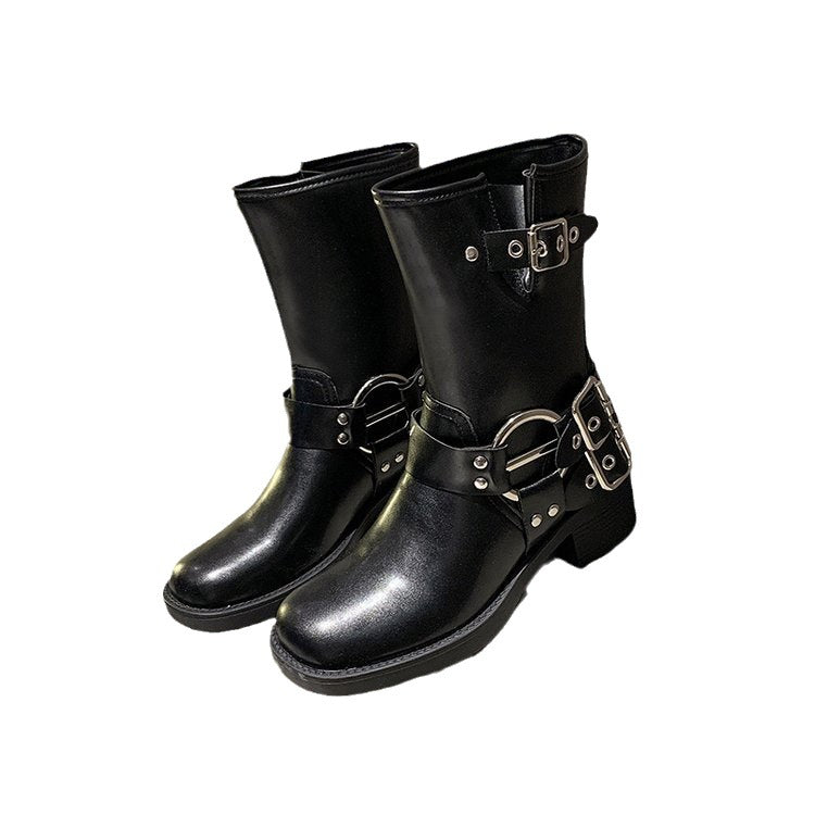 Damen Boots mit modischem Schnallen-Detail und robustem Blockabsatz EB