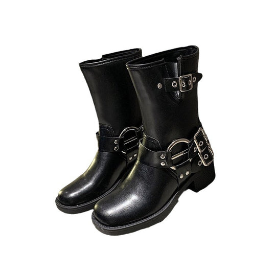 Damen Boots mit modischem Schnallen-Detail und robustem Blockabsatz EB