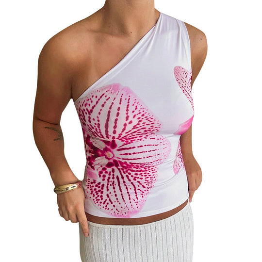 Damen asymmetrisches Trägershirt mit floraler Druckgestaltung EB
