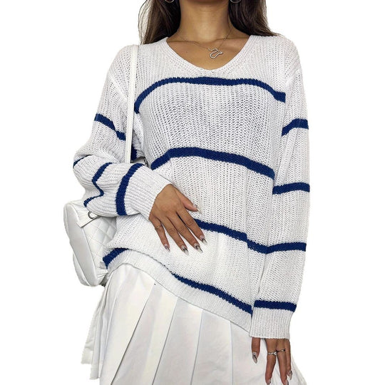Damen lässiger Strickpullover mit Streifen EB