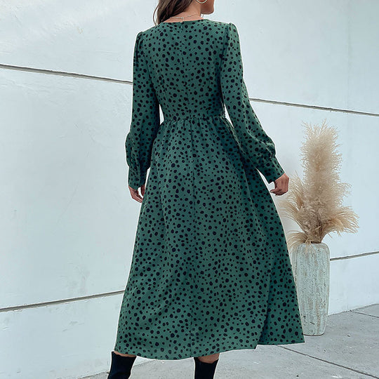 Damen Maxikleid mit modernem Wickeldesign und grafischem Punktmuster EB