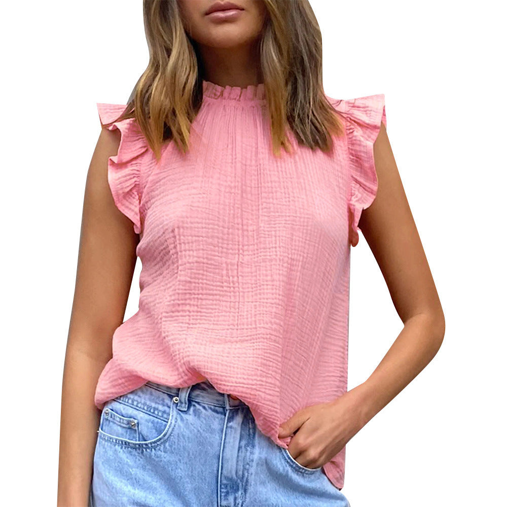 Damen luftige Bluse mit Rüschendetails und Stehkragen EB