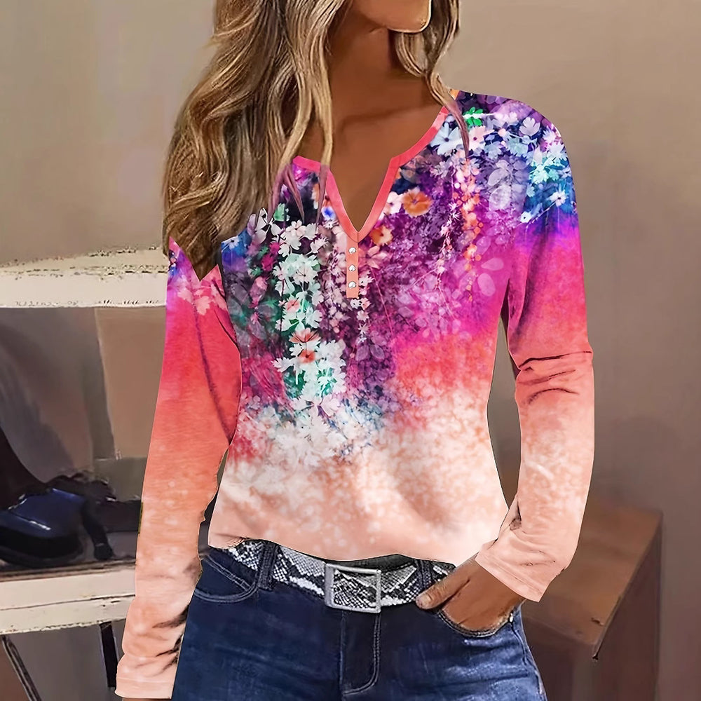 Damen Blütenmuster Langarmshirt mit Knopfleiste EB