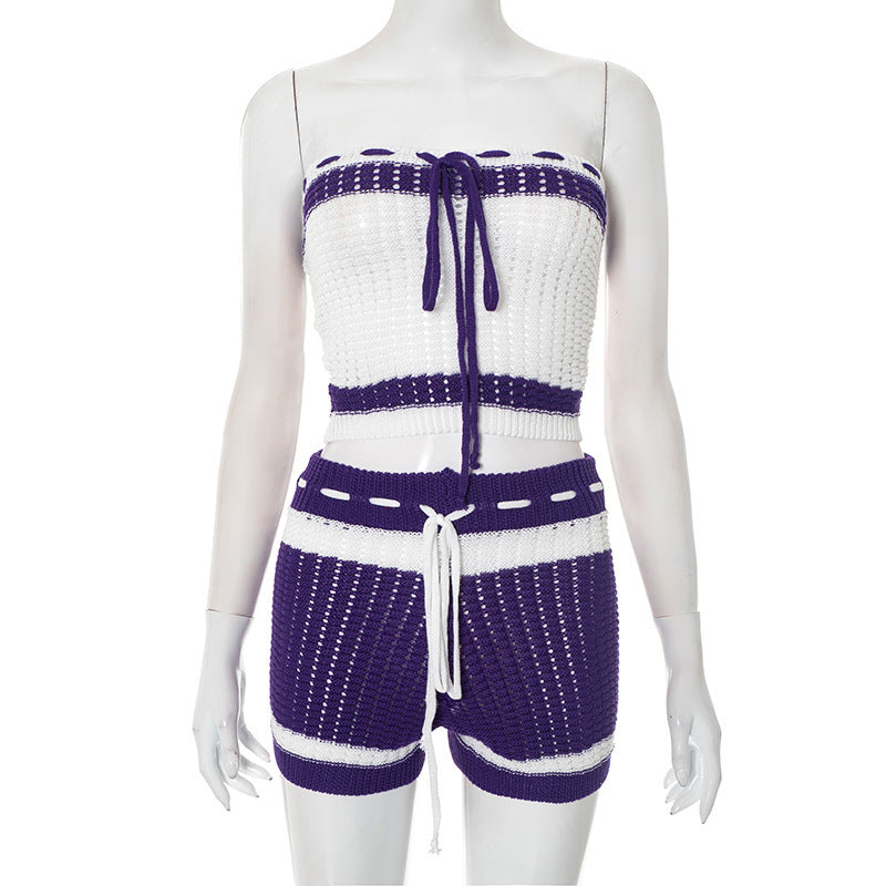 Damen Knitted Bandeau Set mit Shorts und verstellbarem Kordelzug EB