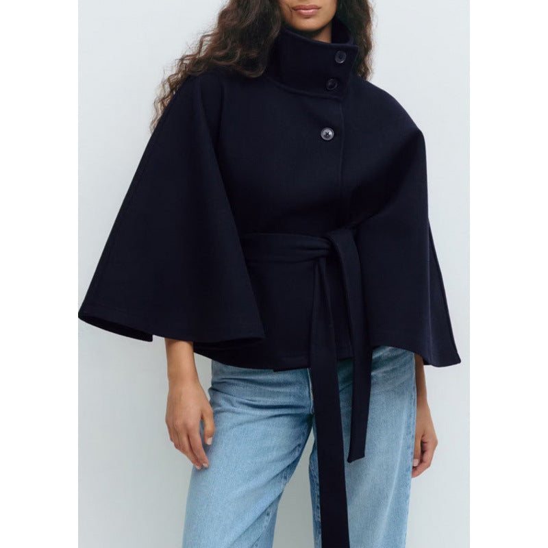 Damen Wollmantel im Cape‑Stil mit Stehkragen und Taillengürtel EB