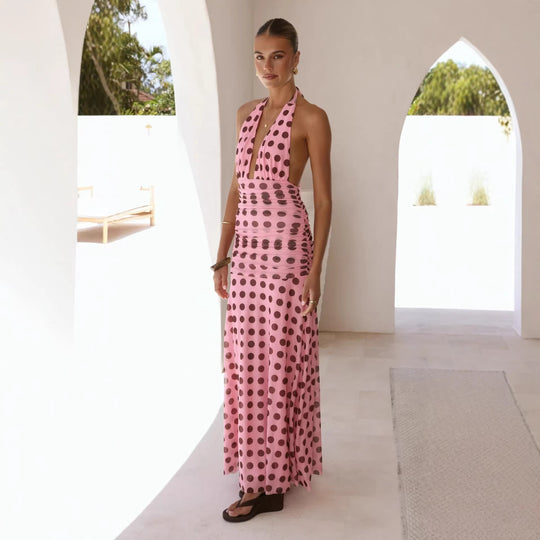 Damen Elegantes Maxikleid mit tiefem V-Ausschnitt und modischem Pünktchen-Design EB