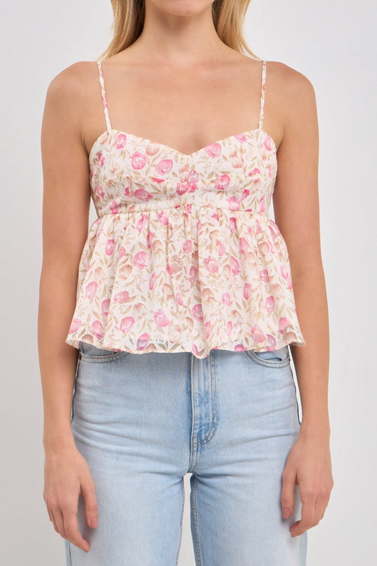 Damen Peplum-Oberteil mit floralem Muster und zarten Spaghetti-Trägern EB