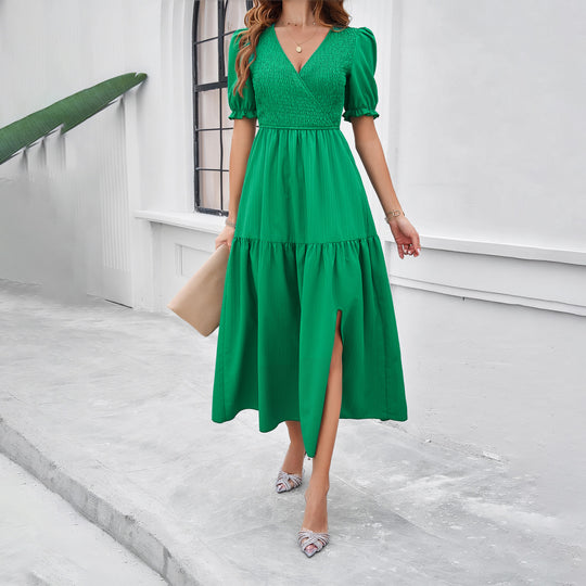 Damen Maxikleid mit hohem Schlitz und Puffärmeln EB